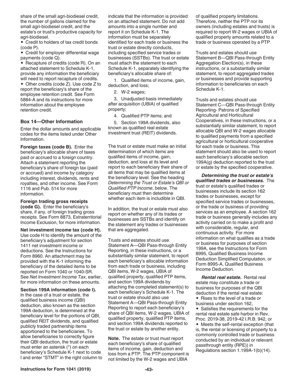 Instructions for IRS Form 1041 Schedule A, B, G, J, K-1 U.S. Income Tax Return for Estates and Trusts, Page 43