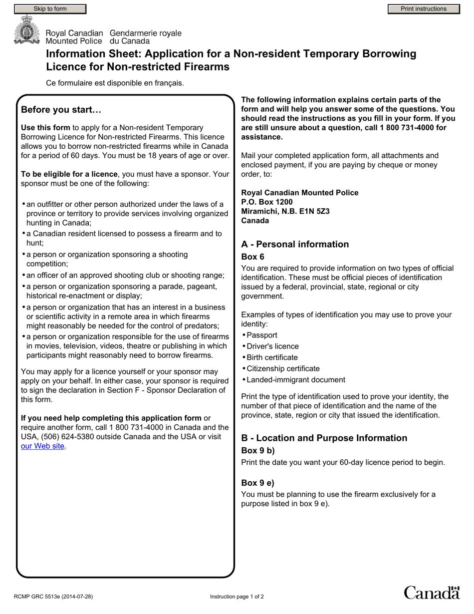Form RCMP GRC5513E Application for a Non-resident Temporary Borrowing Licence for Non-restricted Firearms - Canada, Page 1