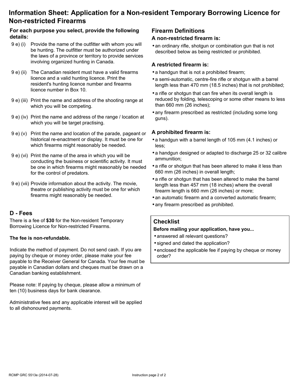 Form RCMP GRC5513E Application for a Non-resident Temporary Borrowing Licence for Non-restricted Firearms - Canada, Page 2