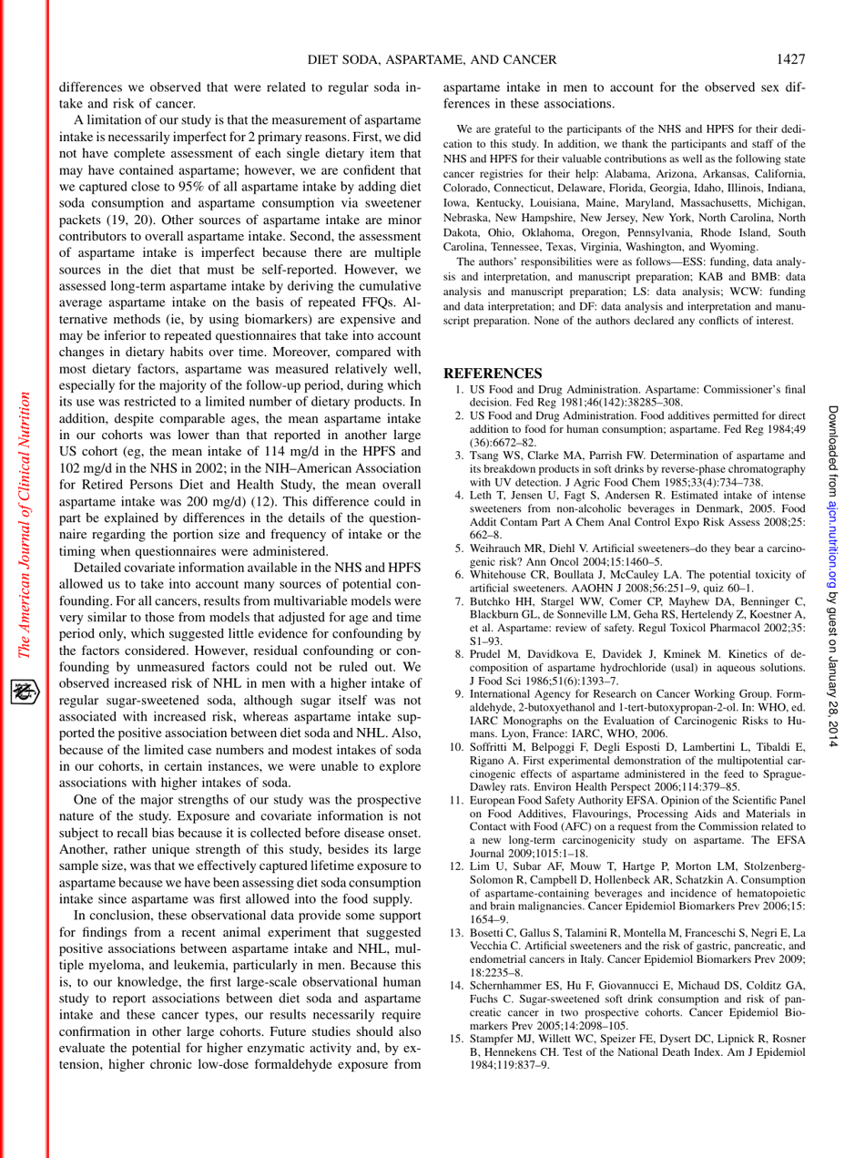 Consumption of Artificial Sweetener and Sugar-Containing Sodaand Risk of Lymphoma and Leukemia in Men and Women - the American Journal of Clinical Nutrition, Page 9