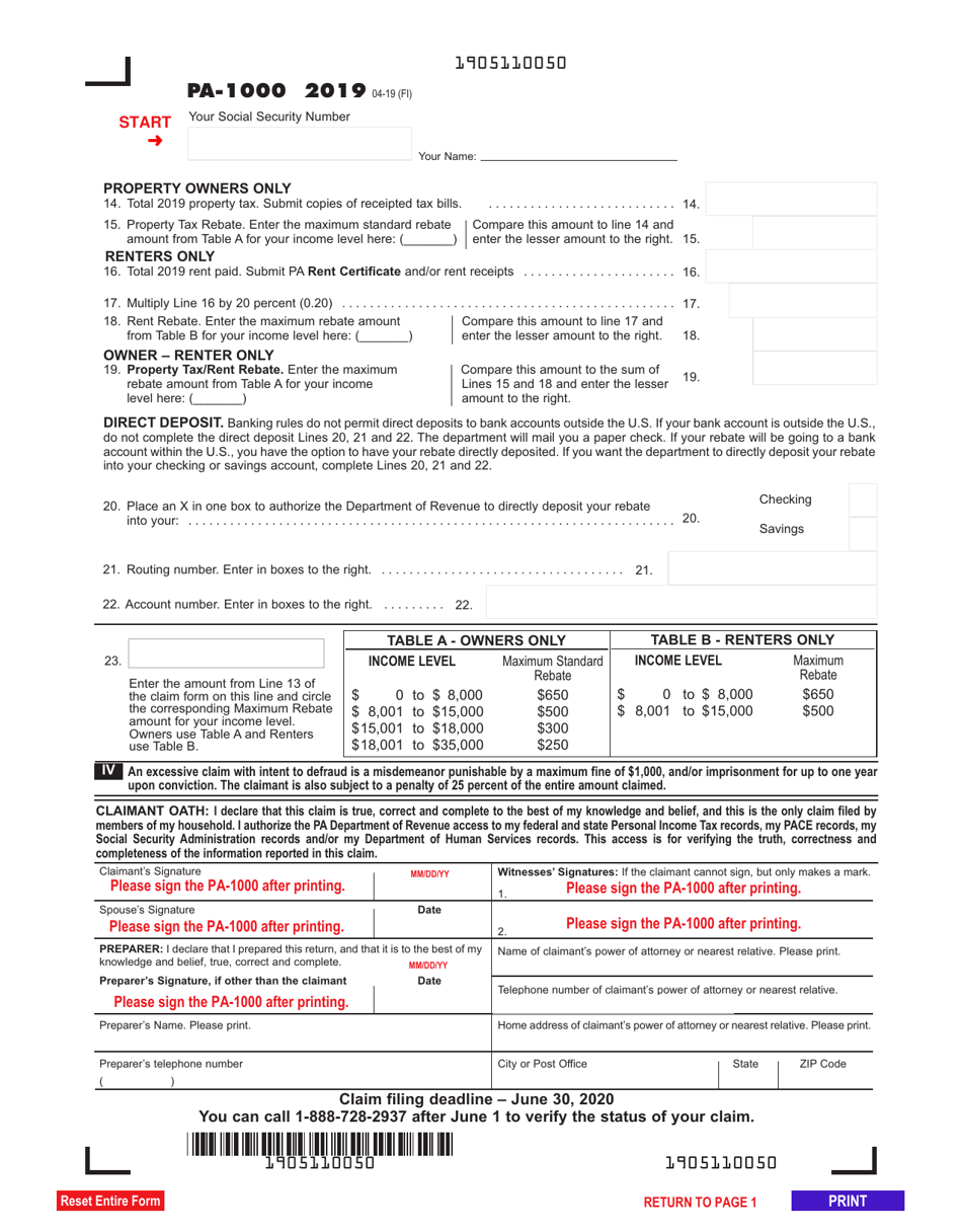 Download Instructions for Form PA1000 Property Tax or Rent Rebate