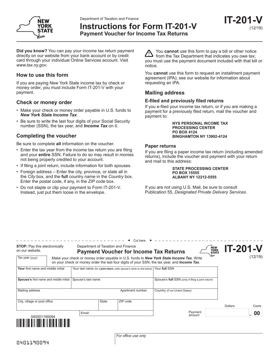 Form IT-201-V Payment Voucher for Income Tax Returns - New York, Page 1