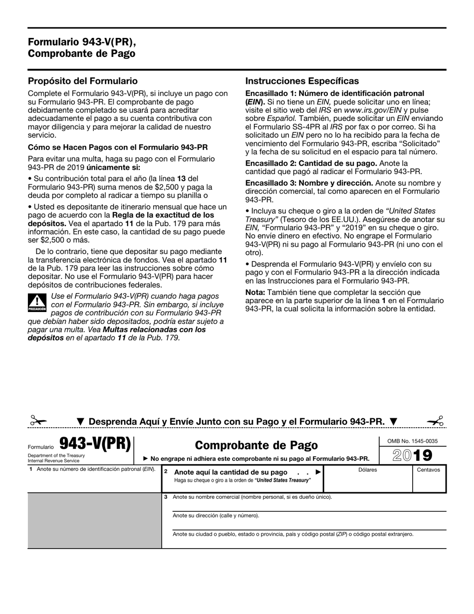 IRS Formulario 943-V(PR) Comprobante De Pago (Puerto Rican Spanish), Page 1