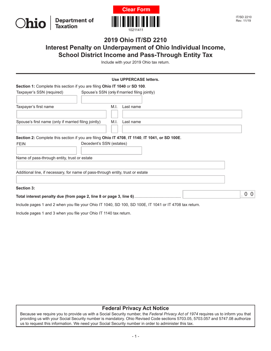 Form IT / SD2210 Interest Penalty on Underpayment of Ohio Individual Income, School District Income and Pass-Through Entity Tax - Ohio, Page 1