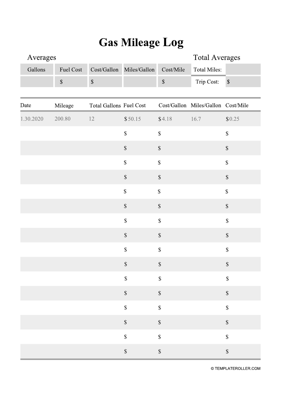 Gas Mileage Log Template, Page 1