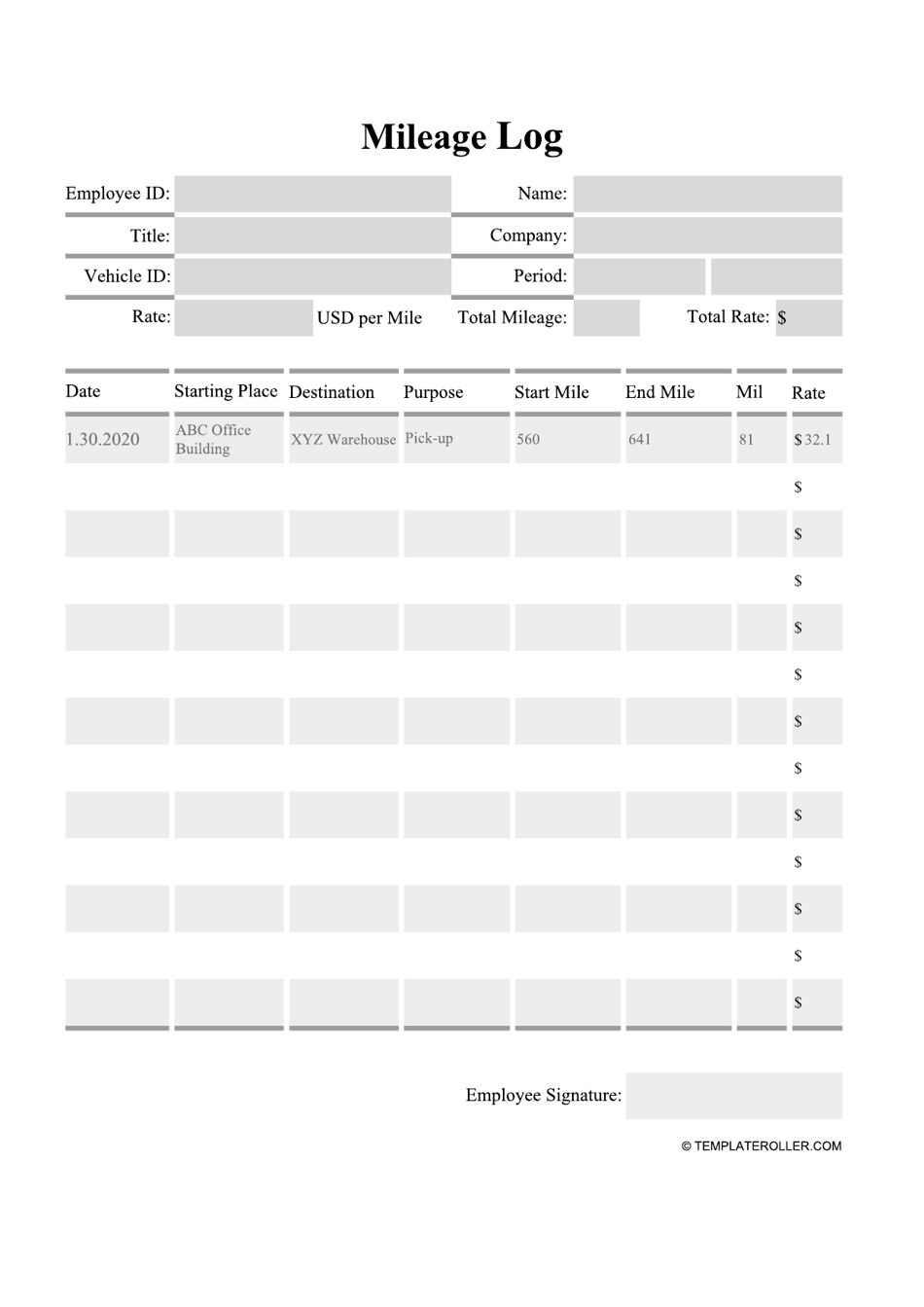 Printable Mileage Log Book