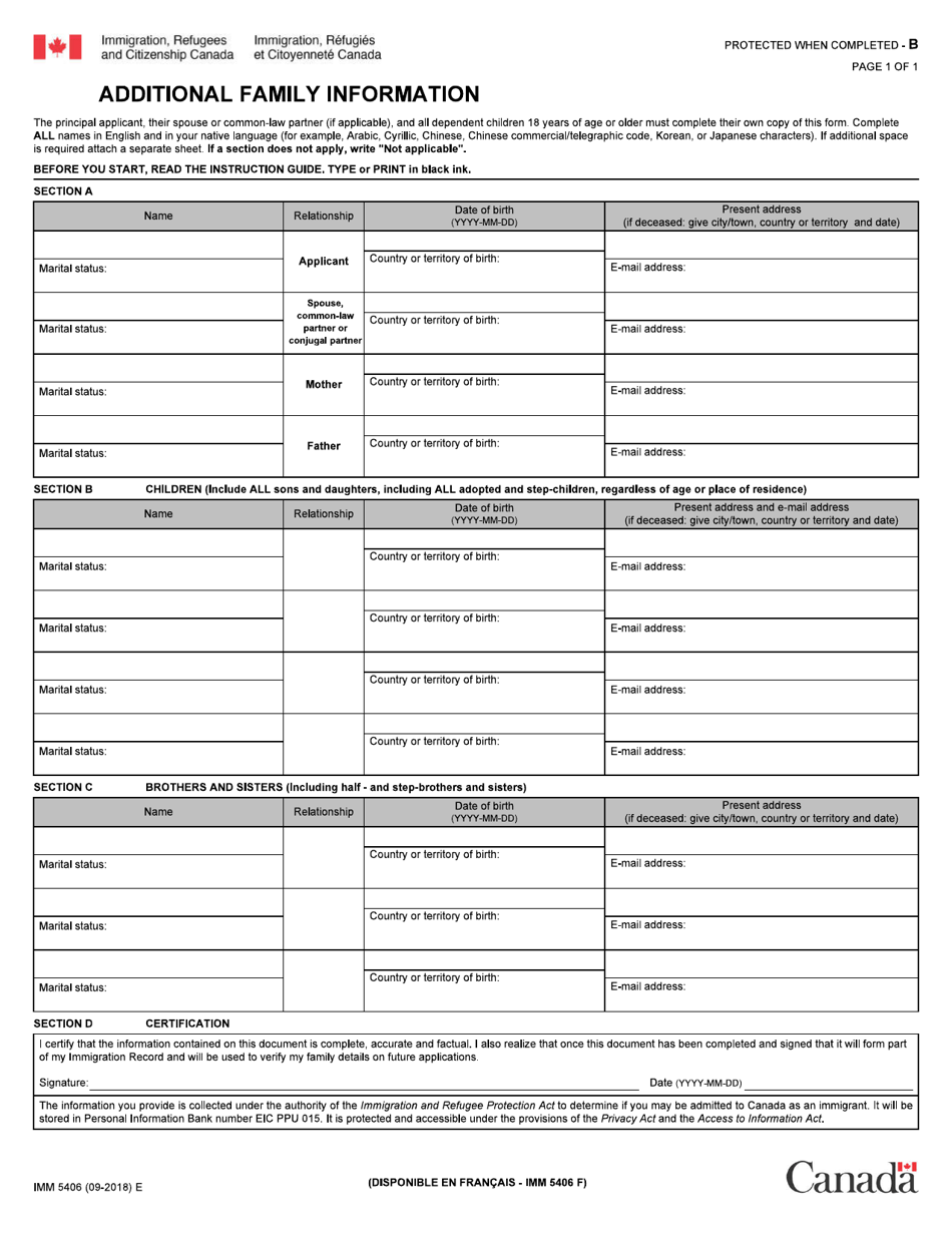 Form IMM5406 Additional Family Information - Canada, Page 1
