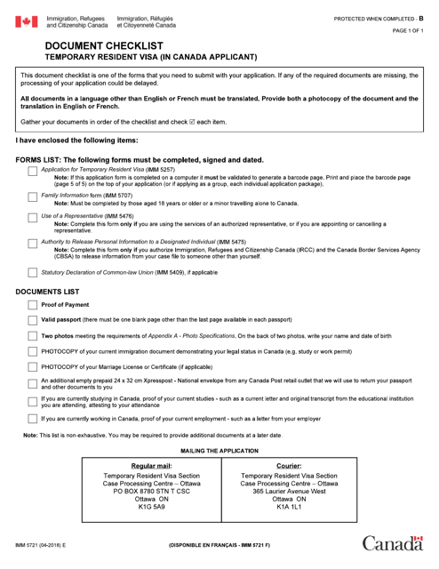 Form IMM5721 Document Checklist - Temporary Resident Visa (In Canada Applicant) - Canada