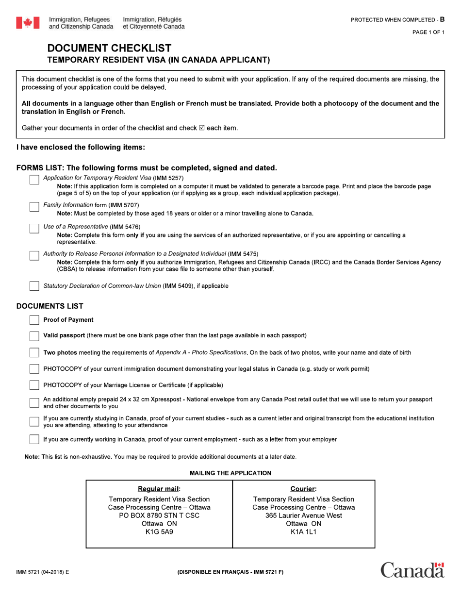 Form IMM5721 Document Checklist - Temporary Resident Visa (In Canada Applicant) - Canada, Page 1