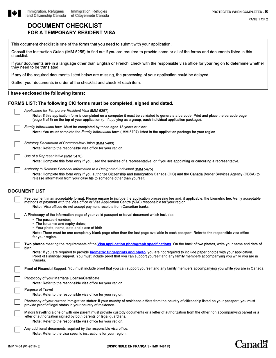 Form IMM5484 Document Checklist for a Temporary Resident Visa - Canada, Page 1