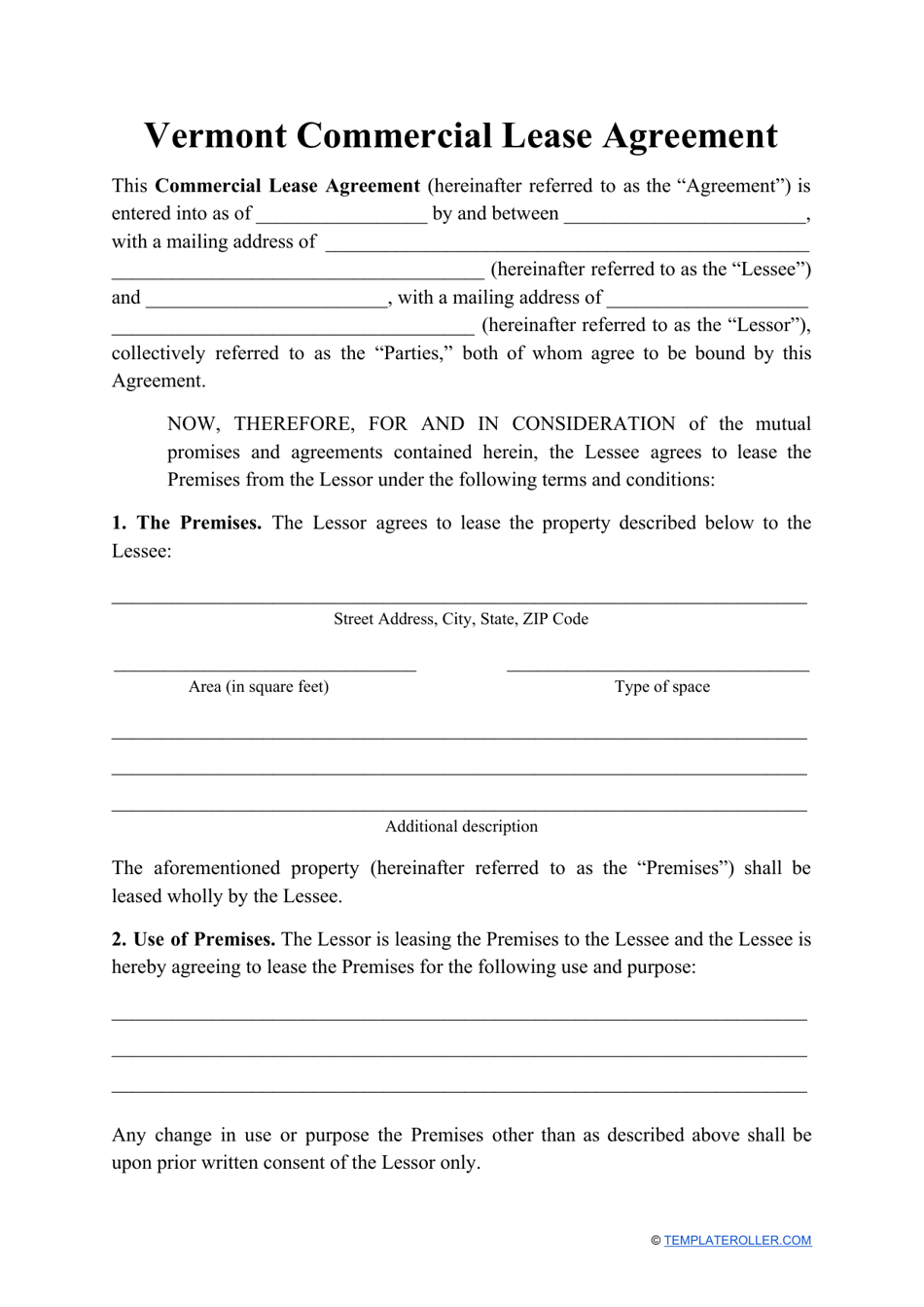 Commercial Lease Agreement Template - Vermont, Page 1