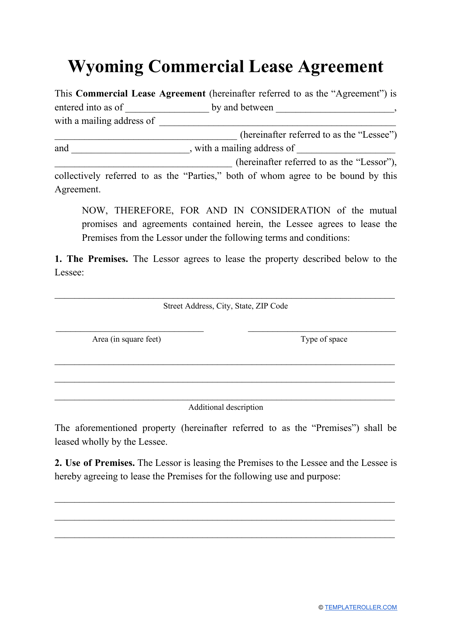 &quot;Commercial Lease Agreement Template&quot; - Wyoming Download Pdf
