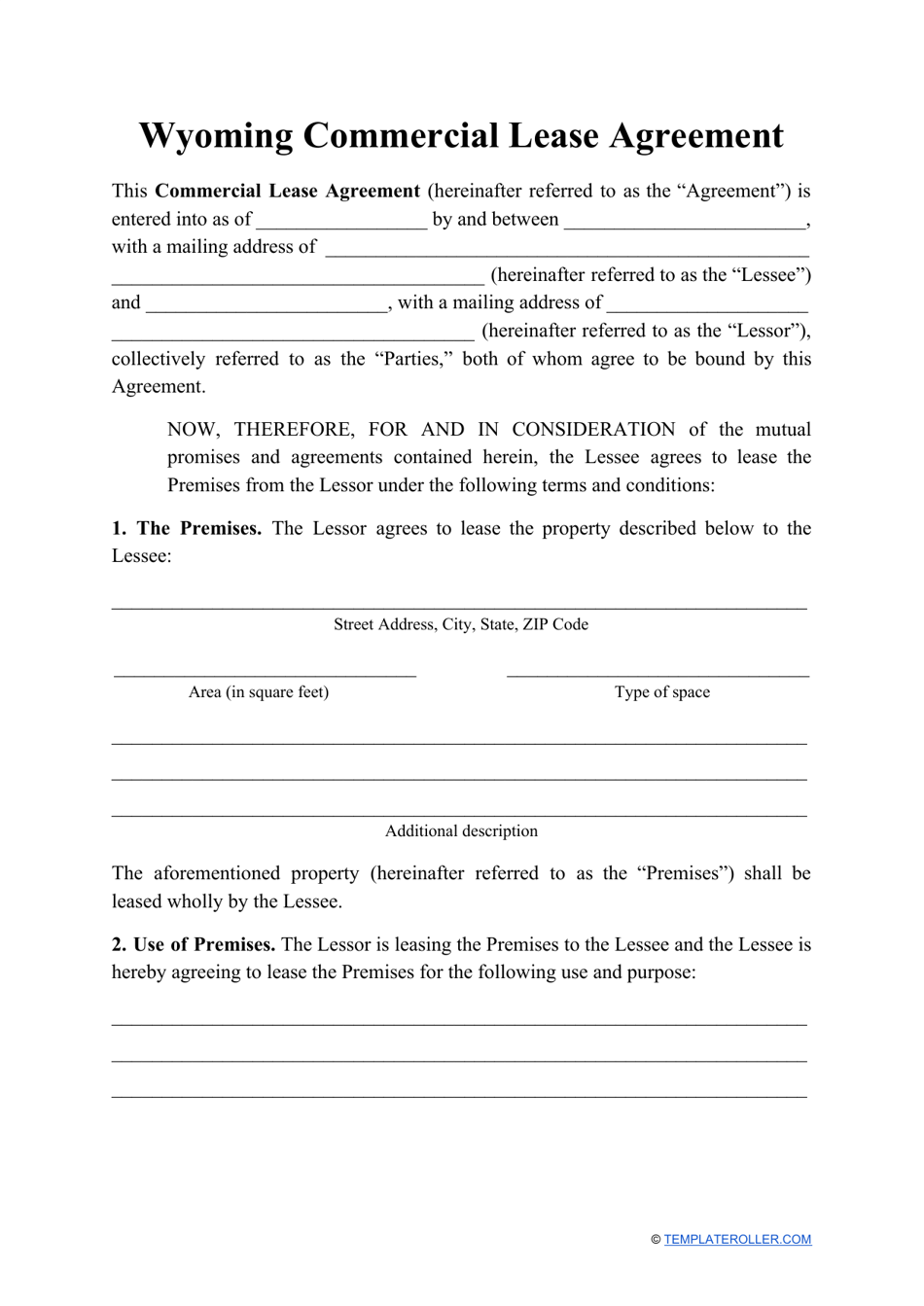 Commercial Lease Agreement Template - Wyoming, Page 1