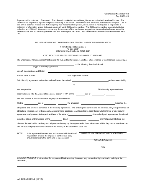 AC Form 8050-1 Certificate of Repossession of Encumbered Aircraft
