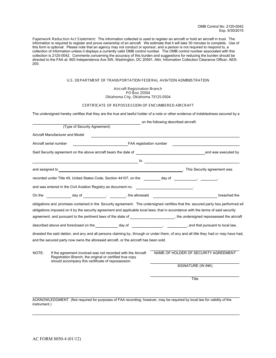 AC Form 8050-1 Certificate of Repossession of Encumbered Aircraft, Page 1