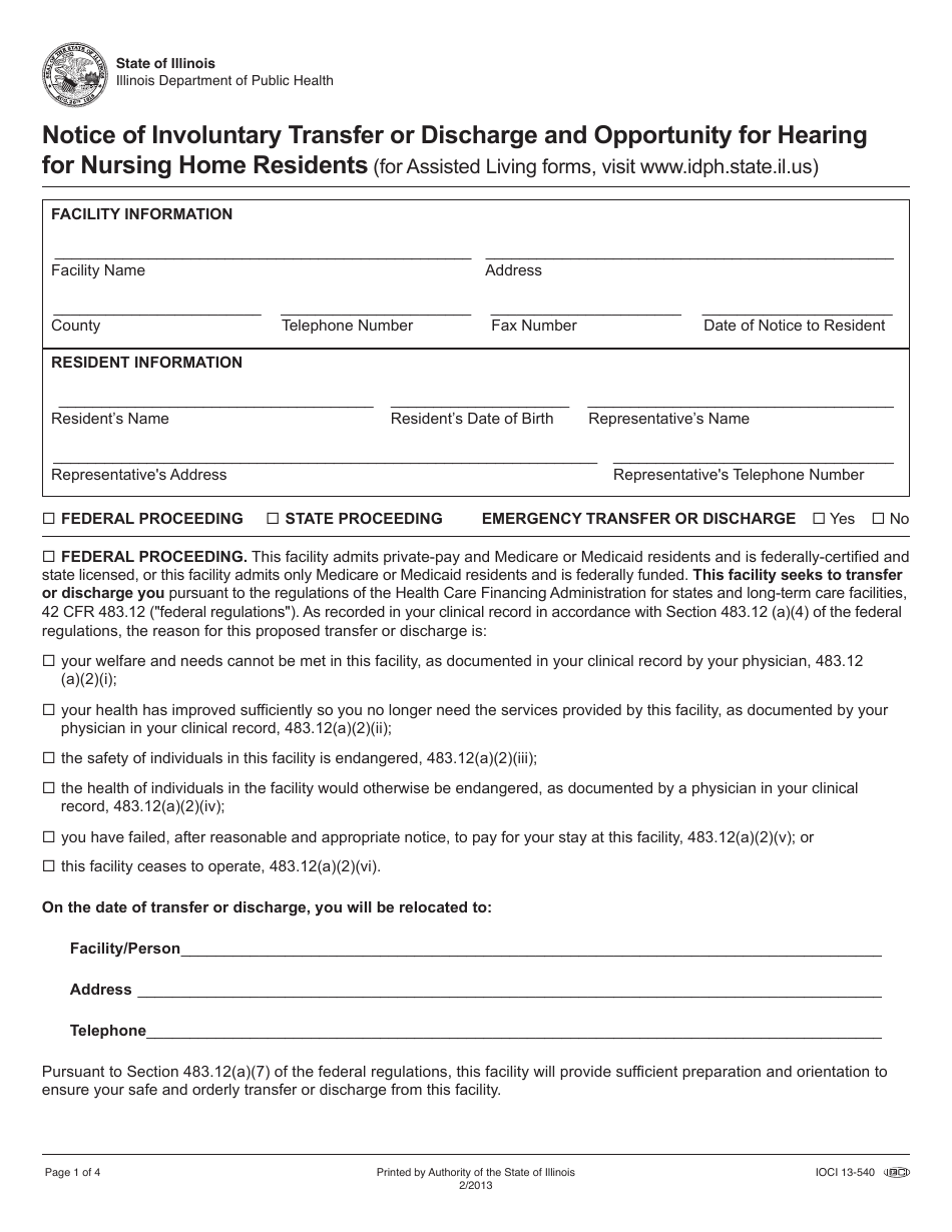 Form IOCI13-540 Notice of Involuntary Transfer or Discharge and Opportunity for Hearing for Nursing Home Residents - Illinois, Page 1