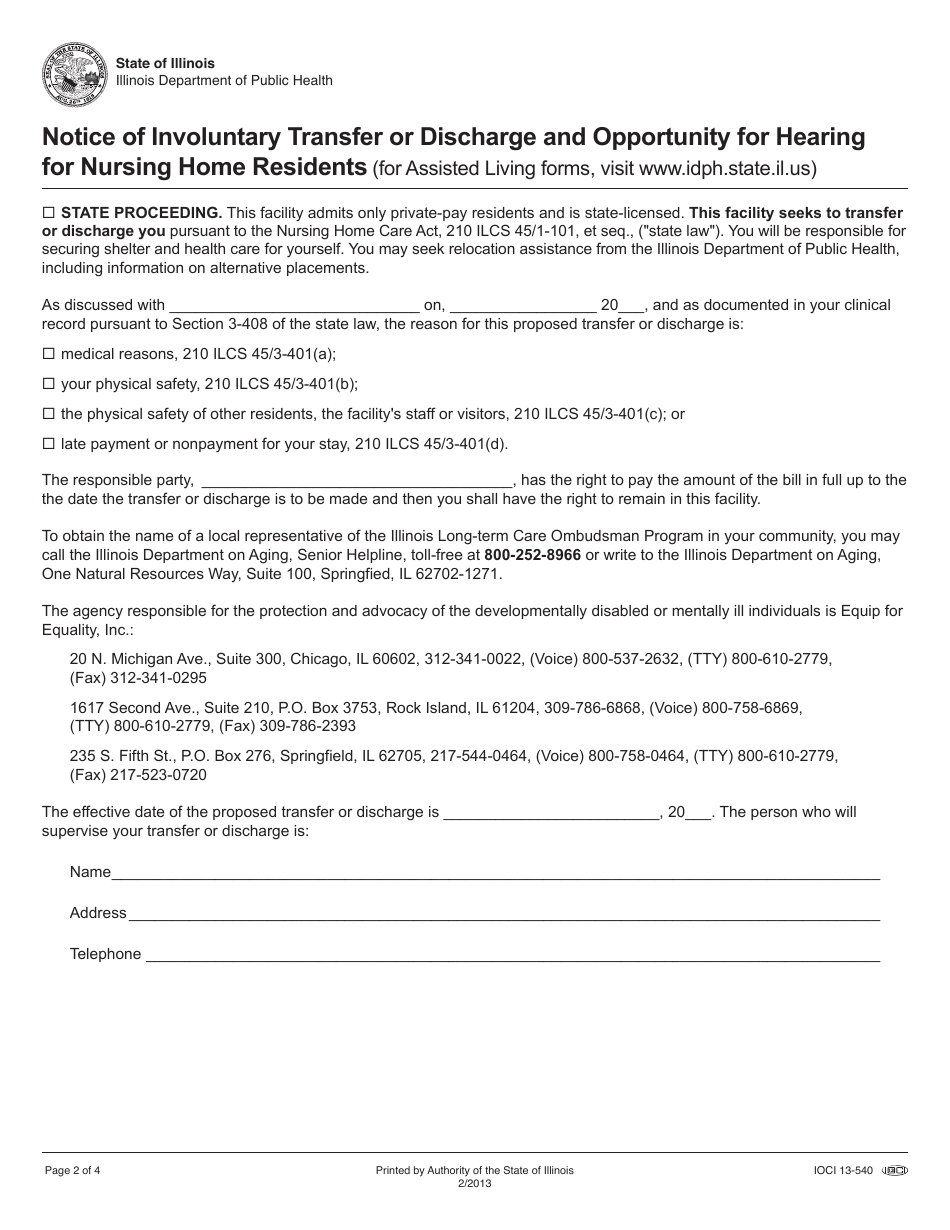 Form IOCI13-540 Notice of Involuntary Transfer or Discharge and Opportunity for Hearing for Nursing Home Residents - Illinois, Page 2