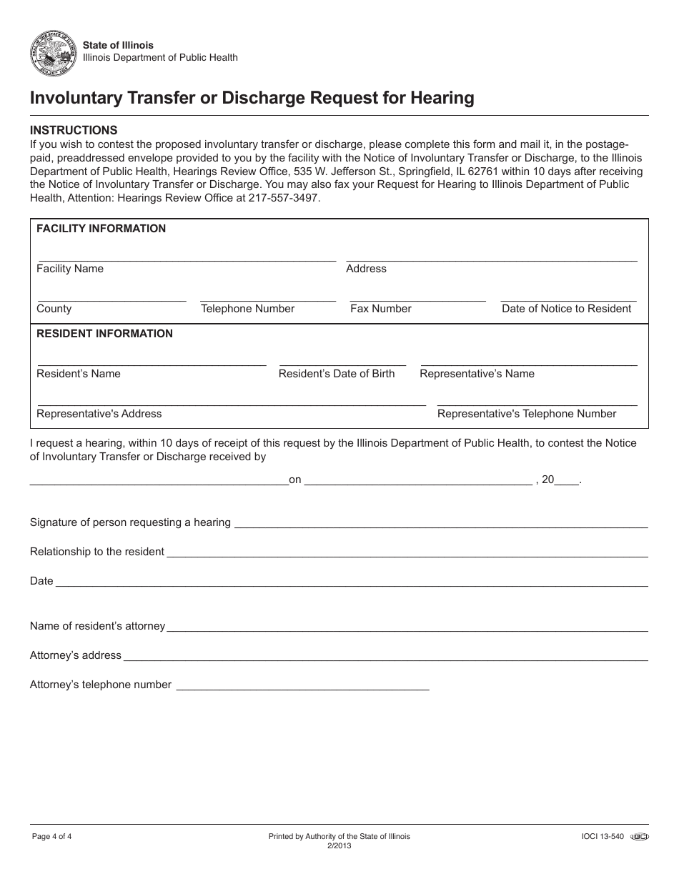 Form IOCI13-540 Notice of Involuntary Transfer or Discharge and Opportunity for Hearing for Nursing Home Residents - Illinois, Page 4
