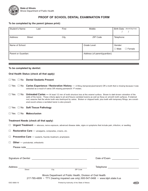 Form IOCI0600-10 Proof of School Dental Examination Form - Illinois