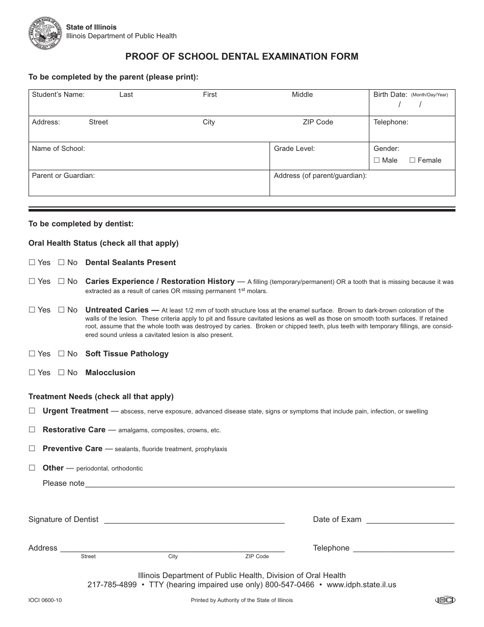 Form IOCI0600-10 Proof of School Dental Examination Form - Illinois, Page 1