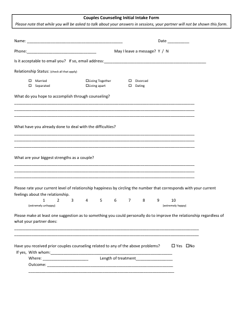 Couples Counseling Initial Intake Form - Different Points Download Pdf