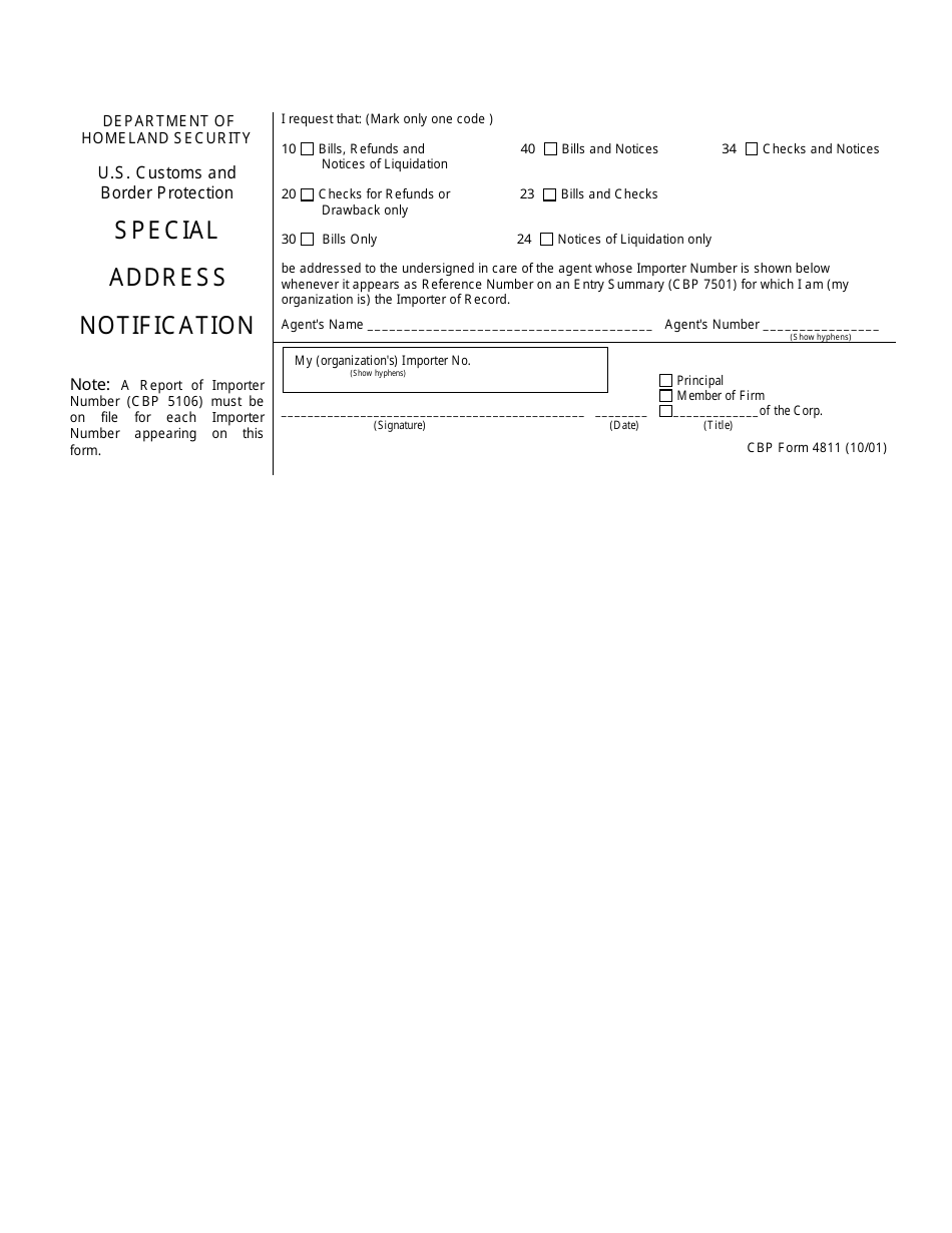 CBP Form 4811 Special Address Notification, Page 1