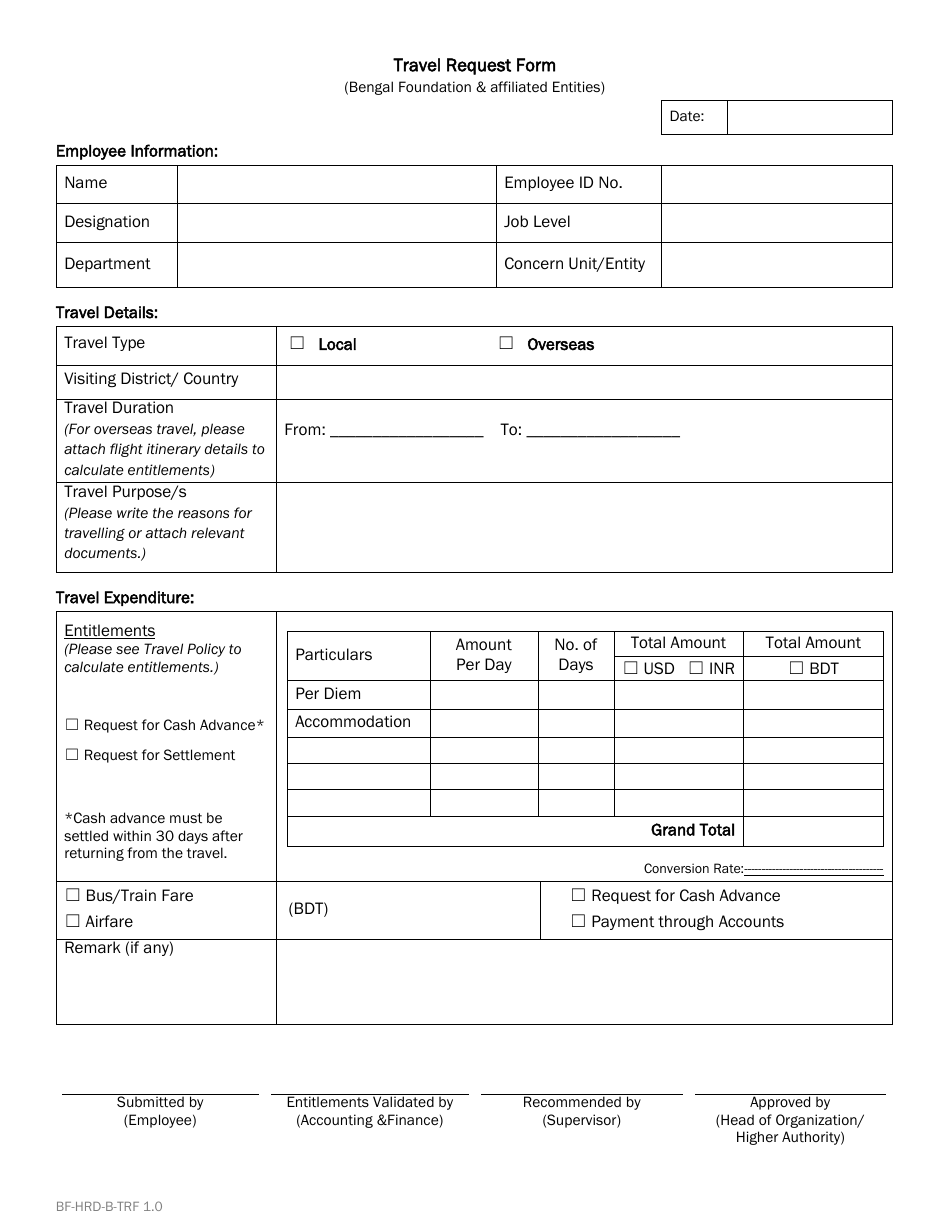 Travel Request Form - Bengal Foundation, Page 1