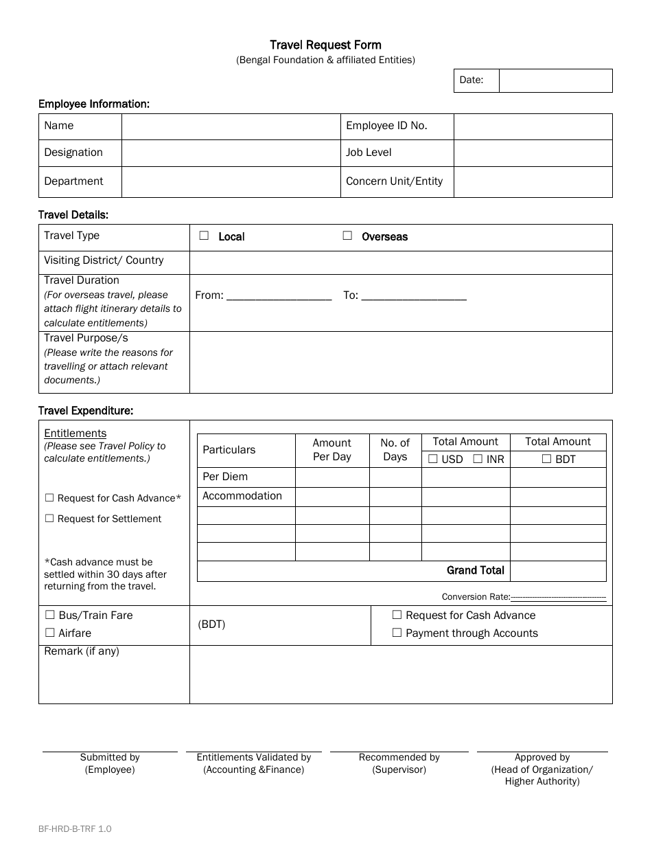 Travel Request Form Bengal Foundation Fill Out, Sign Online and