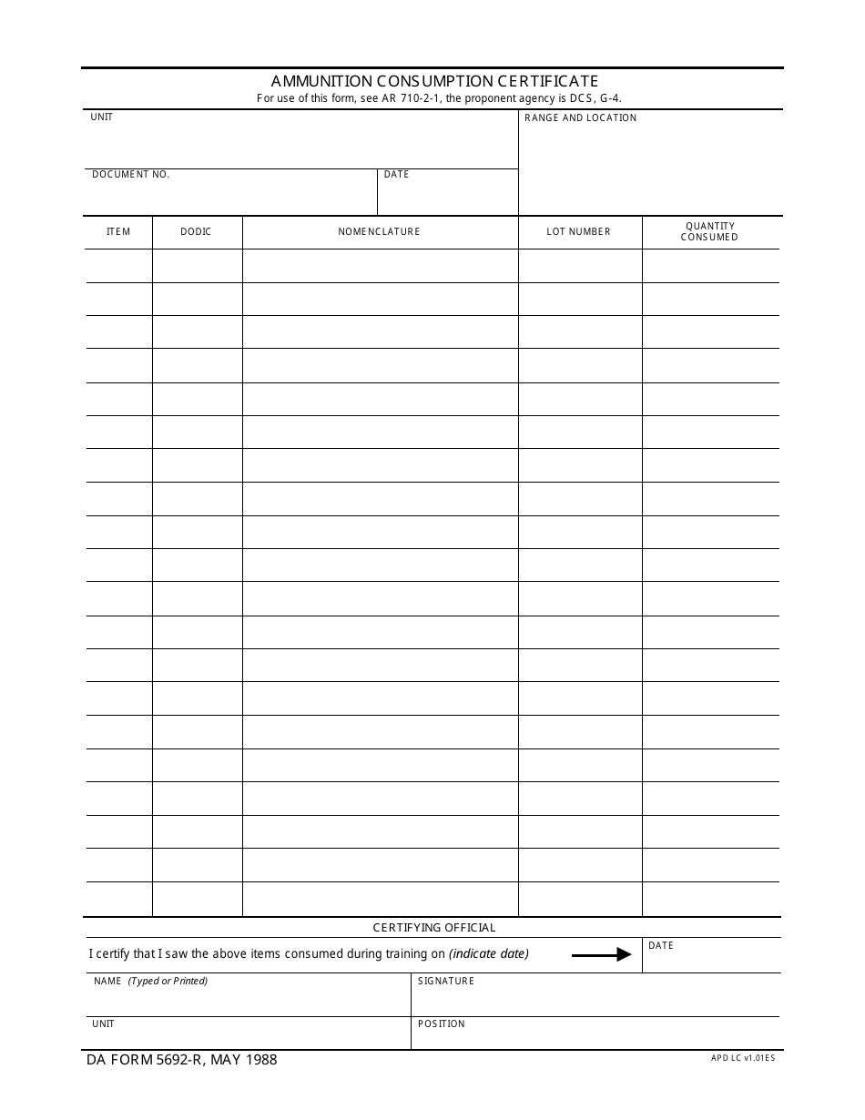 DA Form 5692 Ammunition Consumption Certificate, Page 1