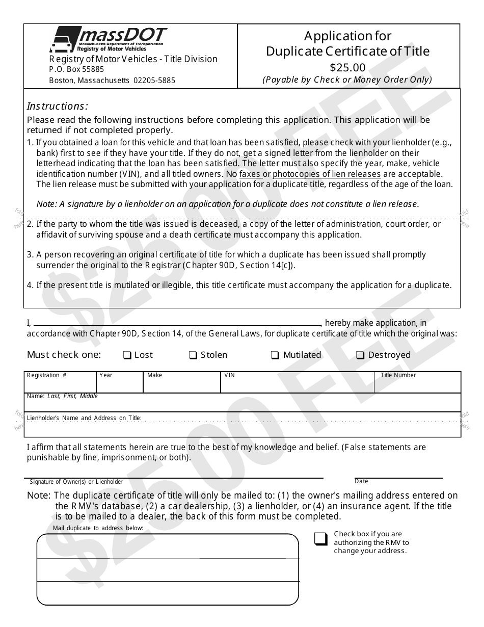 Massachusetts Application For Duplicate Certificate Of Title Fill Out Sign Online And 7045