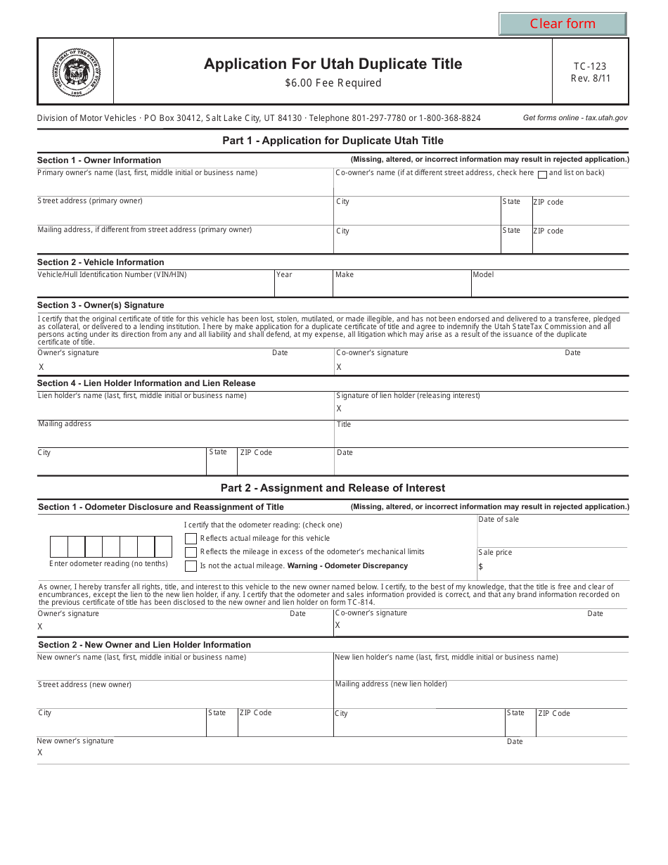 Form TC-123 Application for Utah Duplicate Title - Utah, Page 1