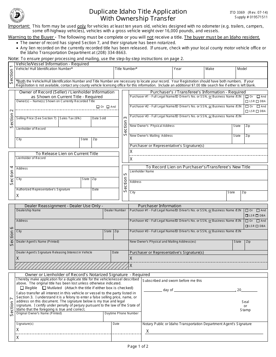 Form ITD3369 Duplicate Idaho Title Application With Ownership Transfer - Idaho, Page 1