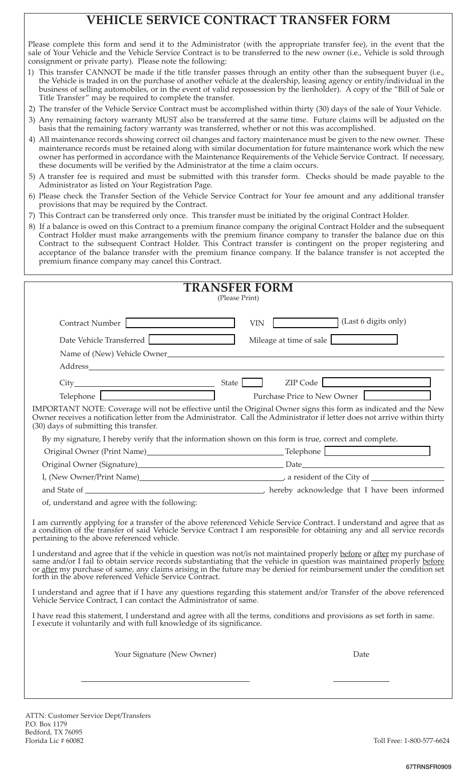 Vehicle Service Contract Transfer Form - Warrantech, Page 1