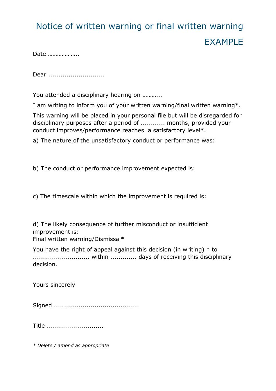 Notice Of Written Warning Or Final Written Warning Template Example Fill Out Sign Online 3567