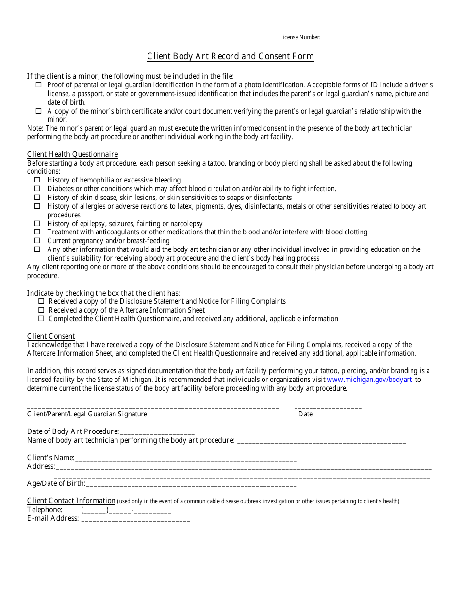 Client Body Art Record and Consent Form - Michigan, Page 1