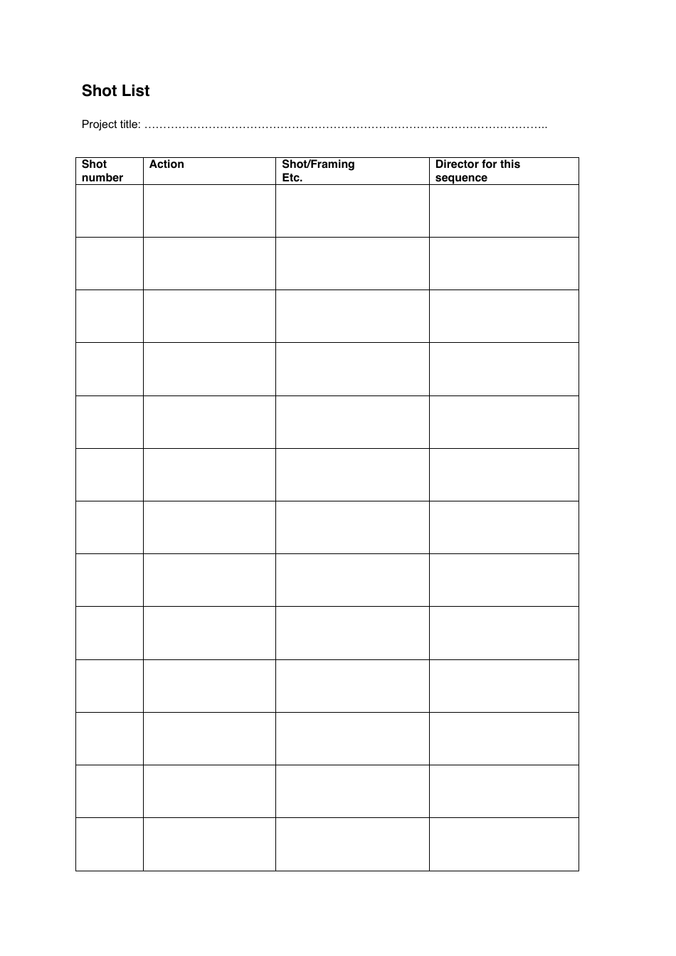 Shot List Template, Page 1