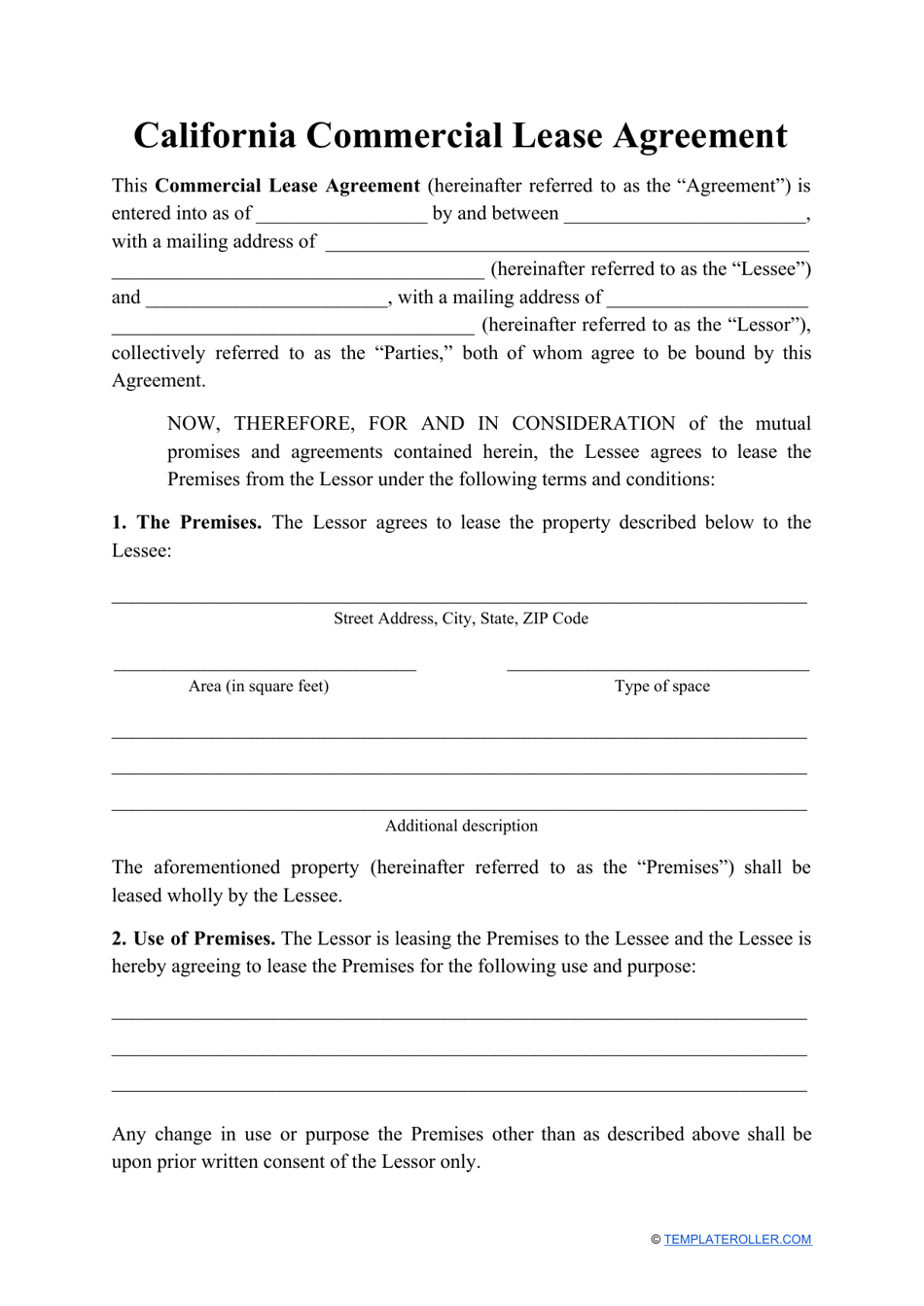 Commercial Lease Agreement Template - California, Page 1