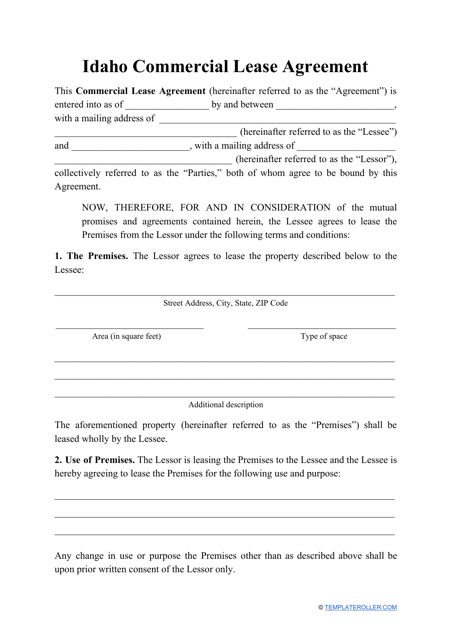 Commercial Lease Agreement Template - Idaho Download Pdf