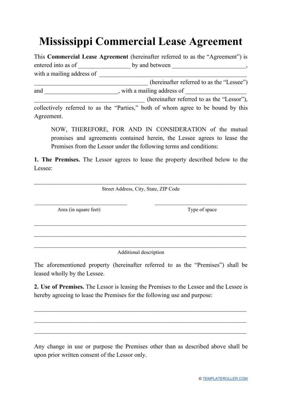 Commercial Lease Agreement Template - Mississippi, Page 1