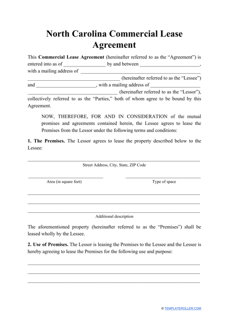 Commercial Lease Agreement Template - North Carolina Download Pdf