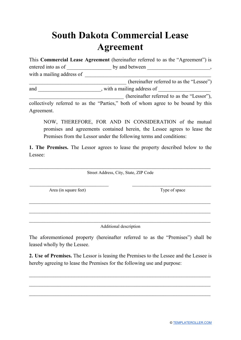 Commercial Lease Agreement Template - South Dakota, Page 1