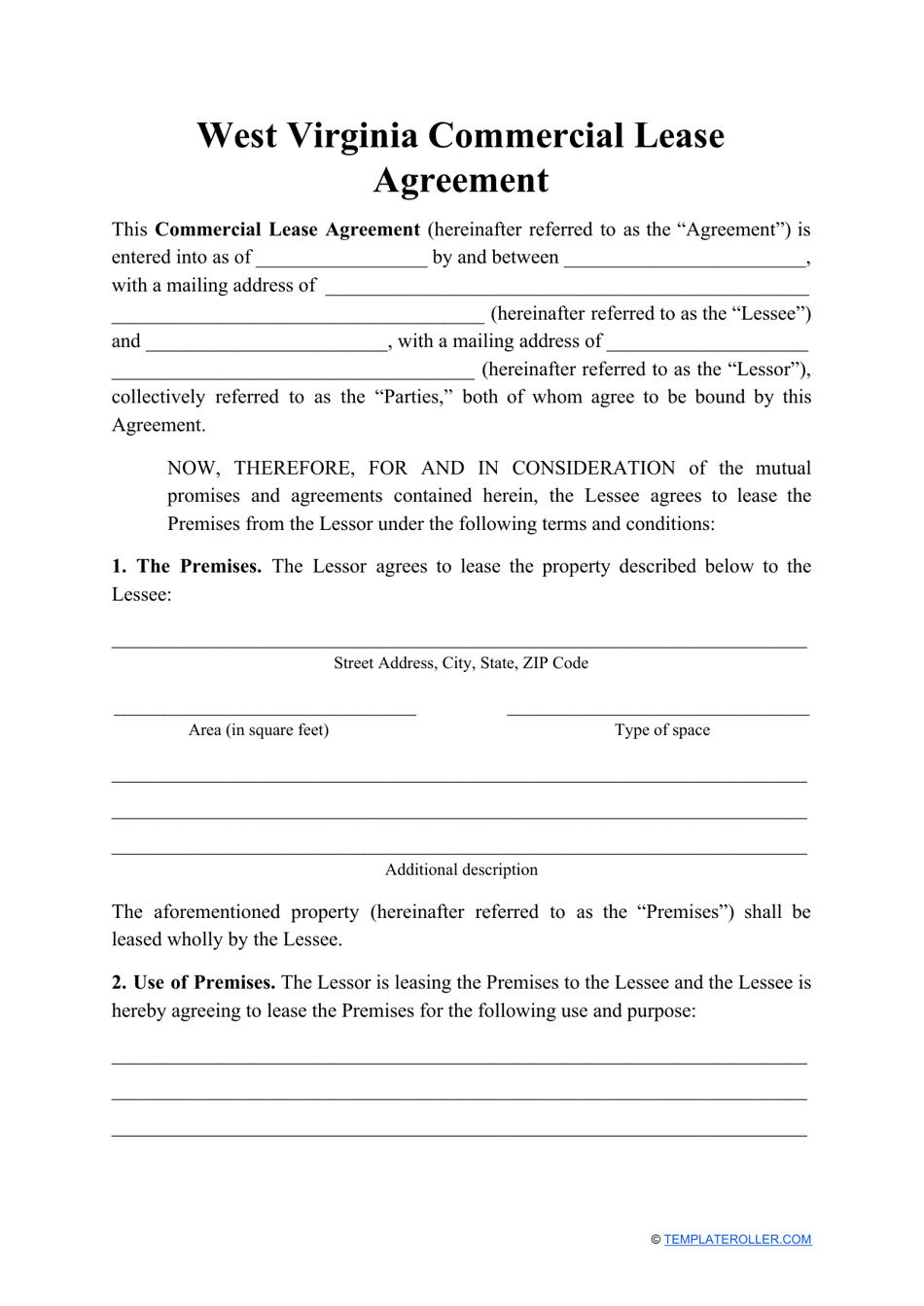 Commercial Lease Agreement Template - West Virginia, Page 1