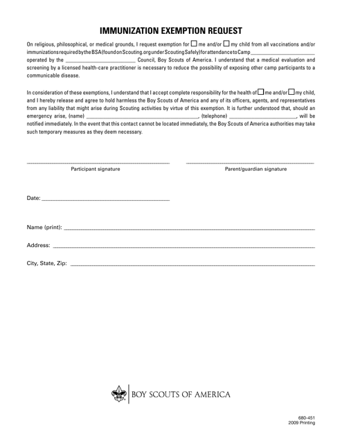 Form 680-451 Immunization Exemption Request Form - Boy Scouts of America