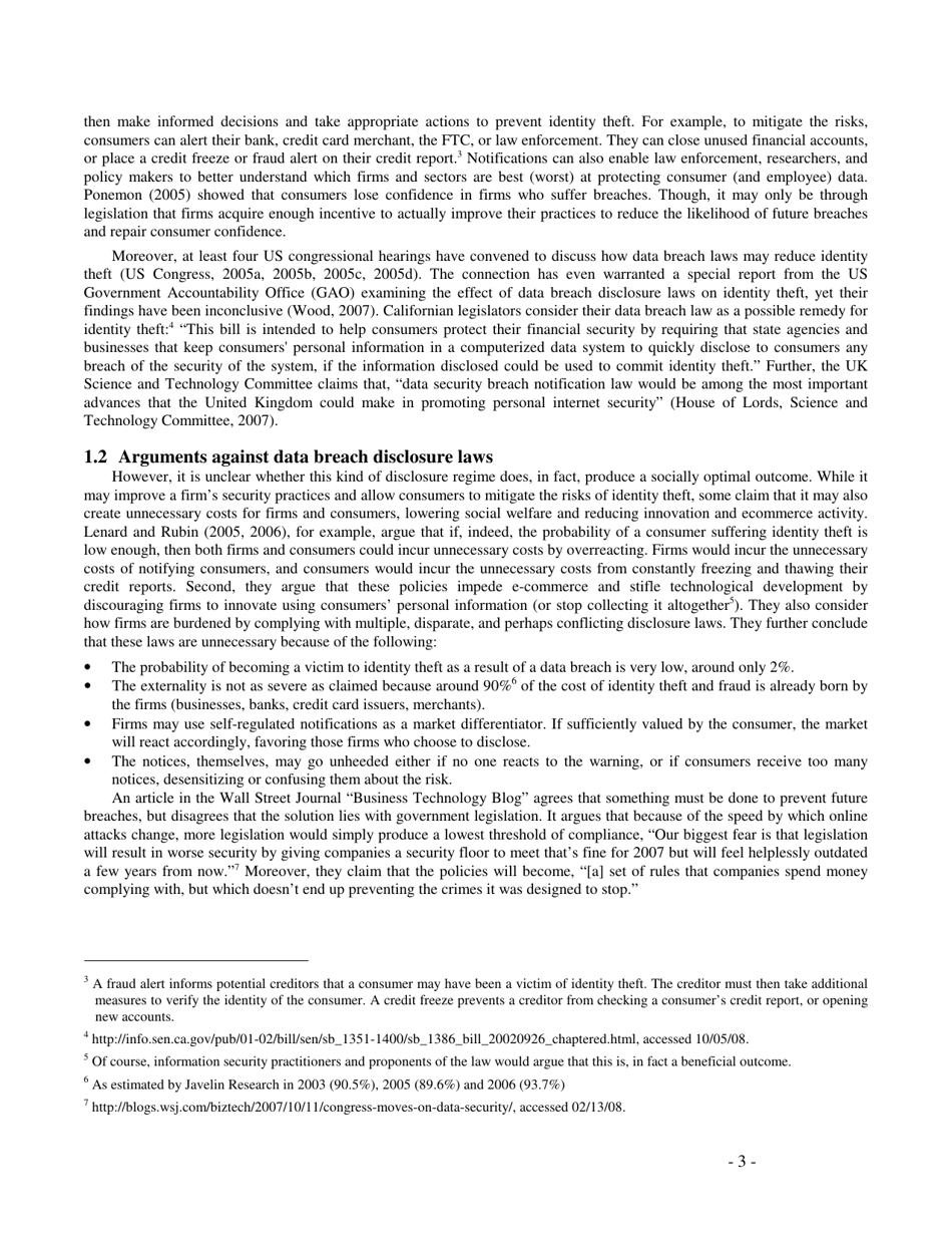 Do Data Breach Disclosure Laws Reduce Identity Theft? - Sasha Romanosky, Heinz First Research Paper, Page 3