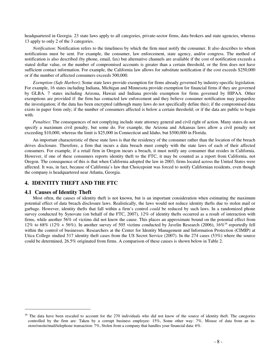 Do Data Breach Disclosure Laws Reduce Identity Theft? - Sasha Romanosky, Heinz First Research Paper, Page 8