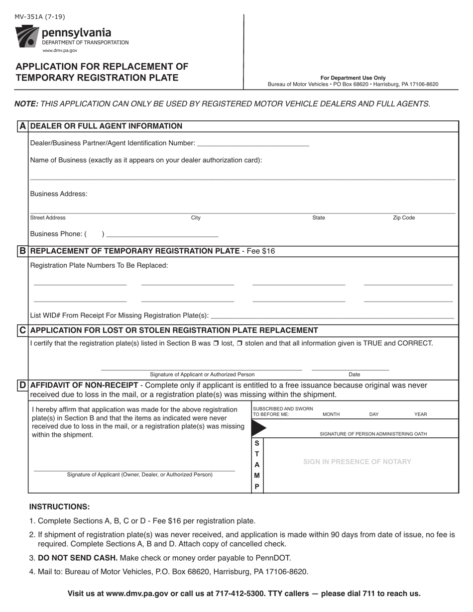 Form MV-351A Application for Replacement of Temporary Registration Plate - Pennsylvania, Page 1