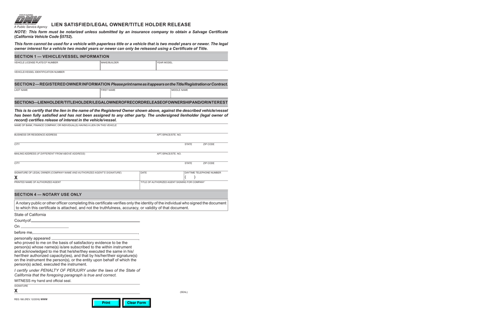 Form REG166 Lien Satisfied/Legal Owner/Title Holder Release - California