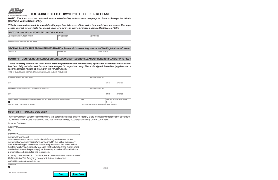 Form REG166 Lien Satisfied / Legal Owner / Title Holder Release - California, Page 1