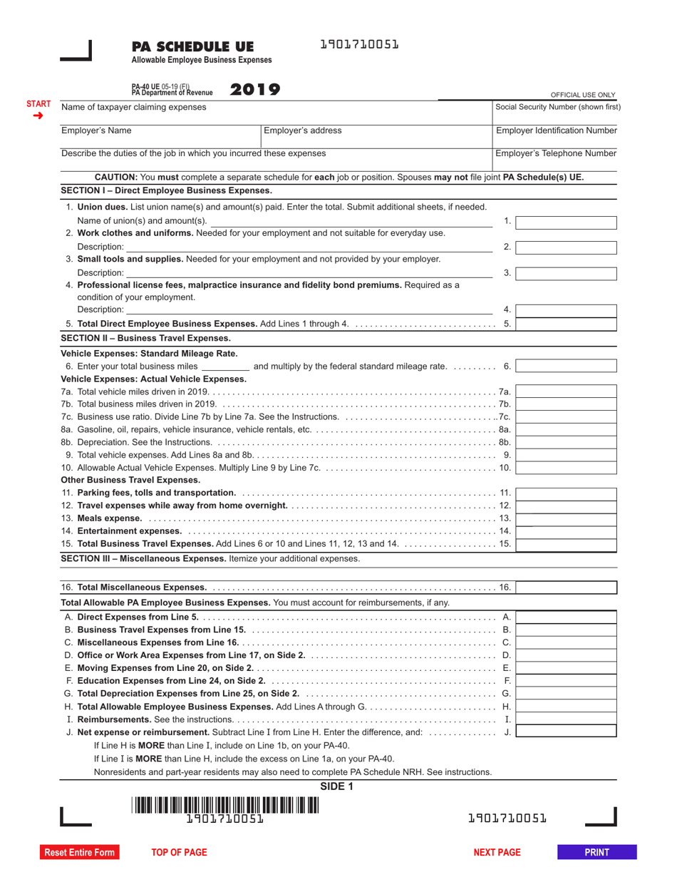 Form PA-40 Schedule UE Allowable Employee Business Expenses - Pennsylvania, Page 1