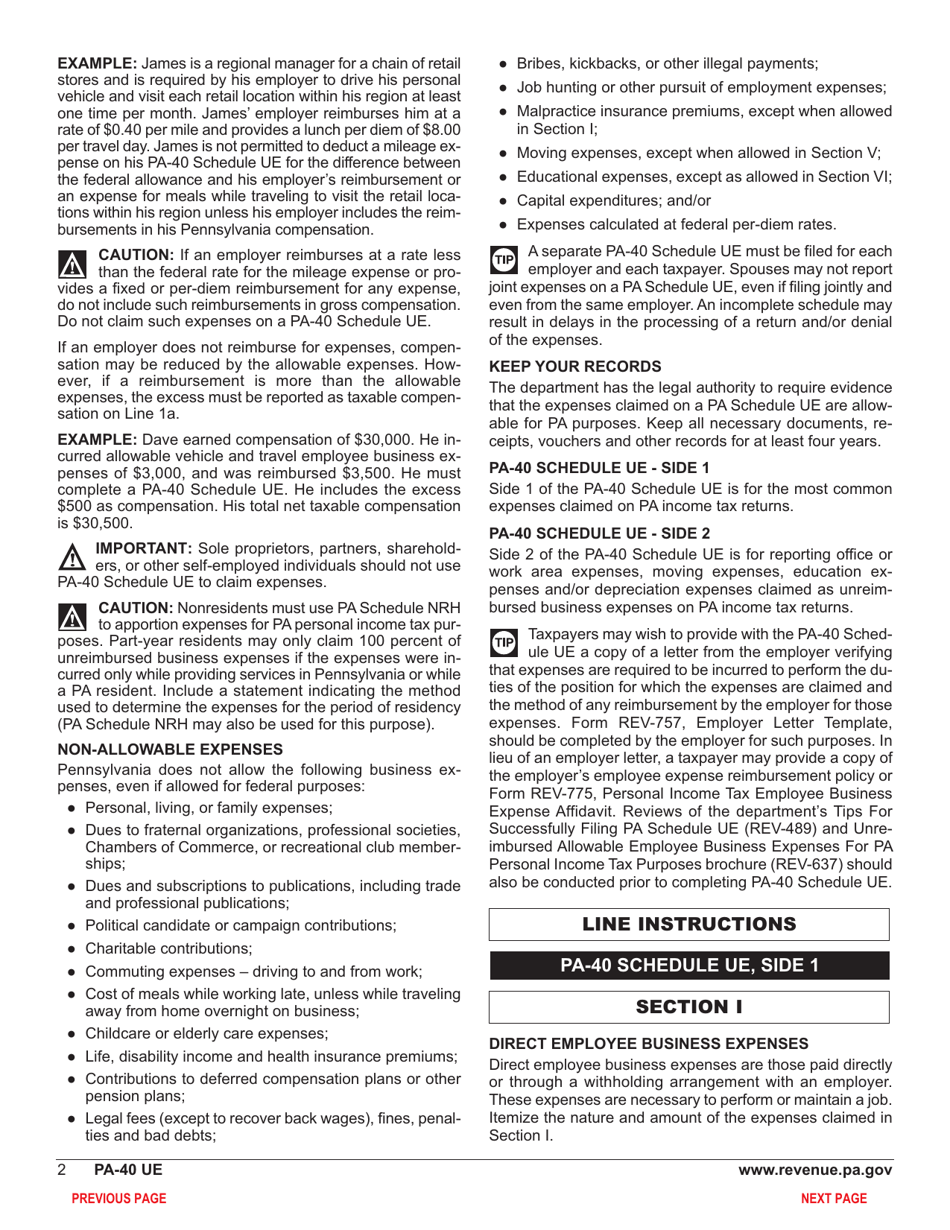 Form PA-40 Schedule UE Allowable Employee Business Expenses - Pennsylvania, Page 4